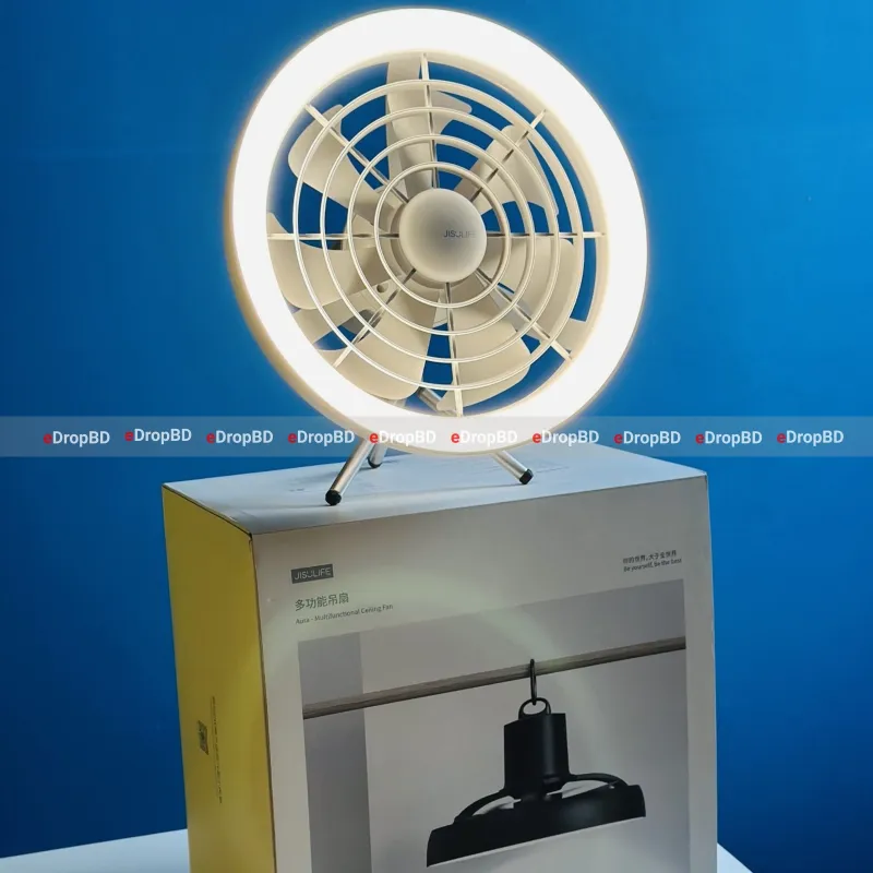 JISULIFE FA17 Rechargeable Fan with LED Light and Table Tripod or with Long Tripod Stand- White Color