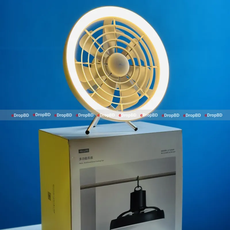 JISULIFE FA17 Rechargeable Fan with LED Light and Table Tripod or with Long Tripod Stand- White Color