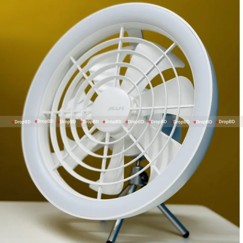 JISULIFE FA17 Rechargeable Fan with LED Light and Table Tripod or with Long Tripod Stand- White Color